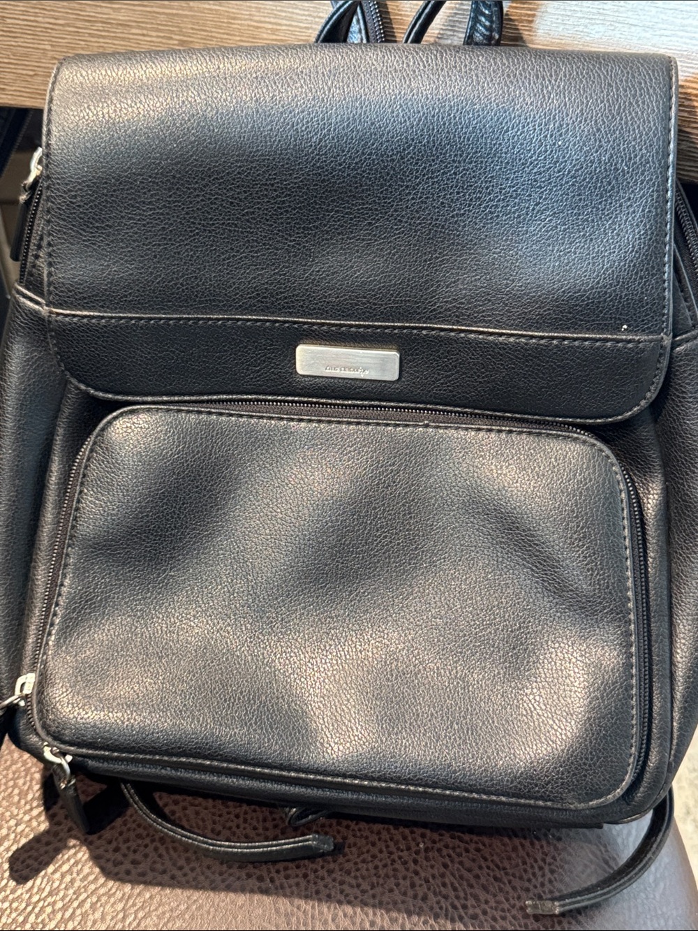Liz Claiborne Black Leather Backpack with Front Pocket & Silver Hardware GUC - Picture 2 of 6